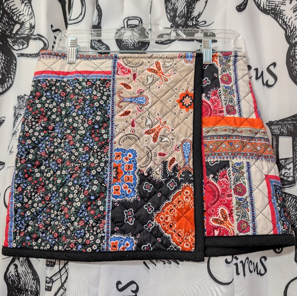 Zara quilted mini skirt. Medium. Foux wrap, patchwork design with floral bandana